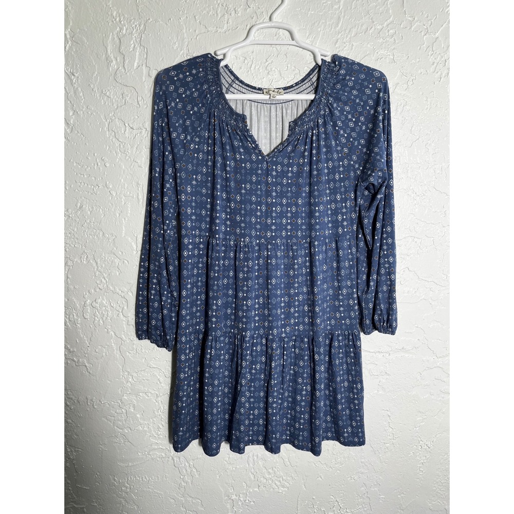 Wonderly‎ Blue Geometric Print Tiered Babydoll Dress Womens Medium Long Sleeve